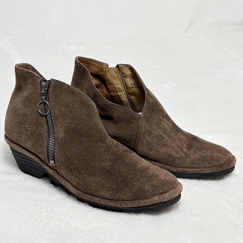 Fly London Brown Suede Wedge Booties EU40 9.5 Fairy Grunge Boho Zip Ankle Boots